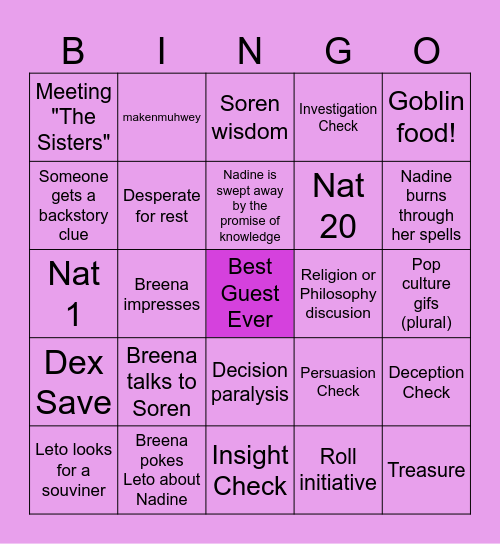 Session Tagline: As the party delves deeper into the hole, Breena delves deeper into Leto's love life. Bingo Card