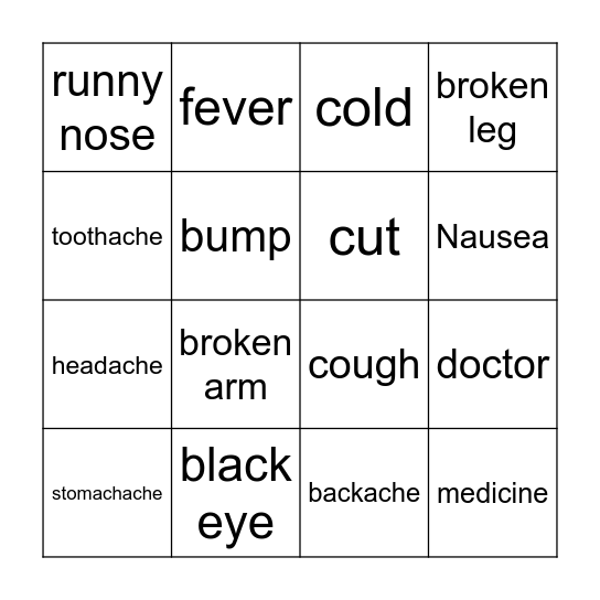 Illness and Injuries Bingo Card