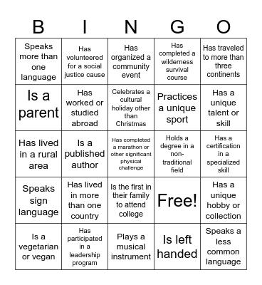 Diversity Bingo Card