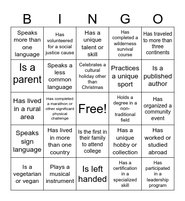Diversity Bingo Card