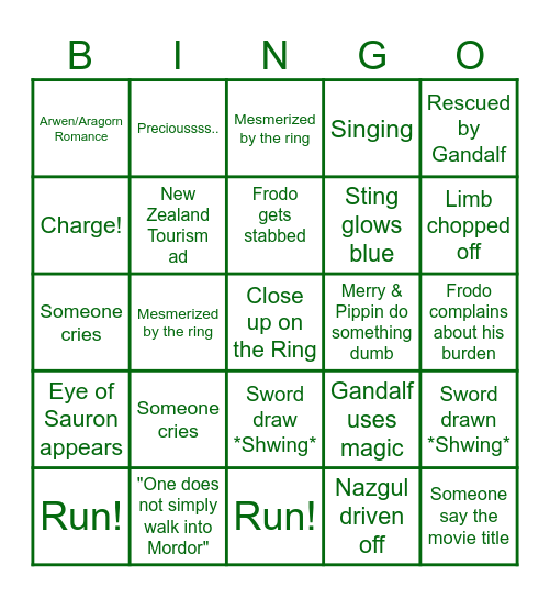 Fellowship of The Ring Bingo Card