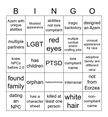 WOL OC Lore Bingo Card