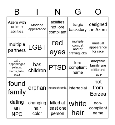 WOL OC Lore Bingo Card