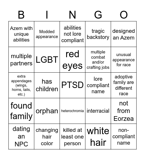 WOL OC Lore Bingo Card