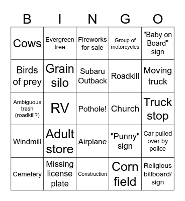 Road Trip Bingo Card