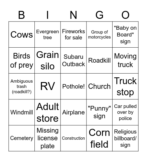 Road Trip Bingo Card