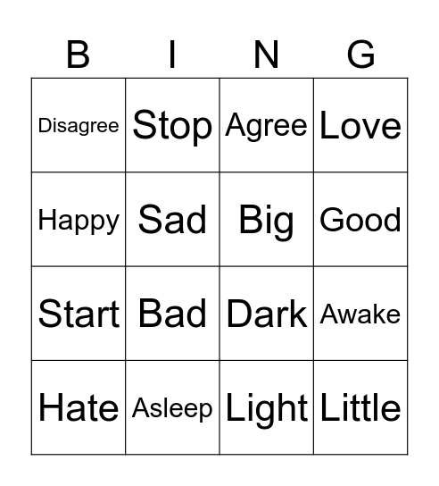 antonyms Bingo Card