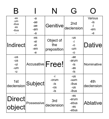 Latin Bingo Card