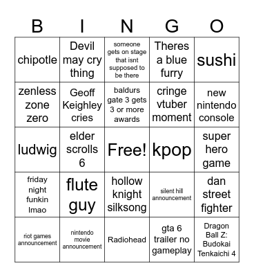 TGA 2023 Bingo Card