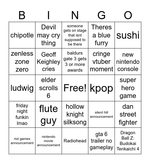 TGA 2023 Bingo Card