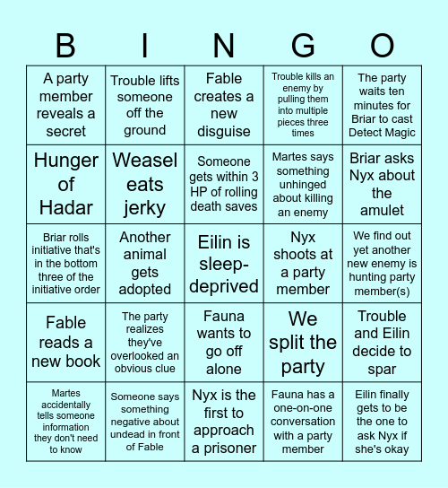 Stable Squad Bingo Card