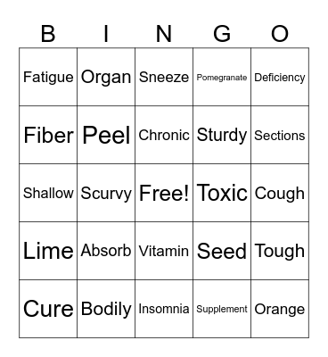 Nutrition Vocabulary Bingo Card