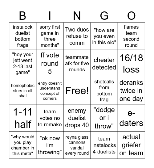 Valorant Solo Queue Experience Bingo Card