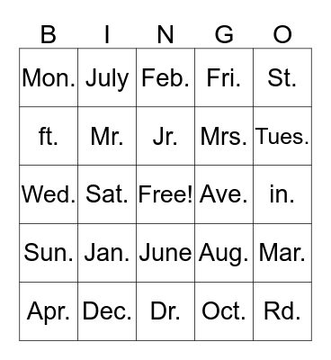 Abbreviation Bingo Card