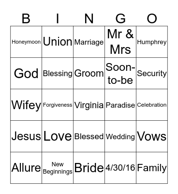 Virginia's Bridal Shower Bingo Card