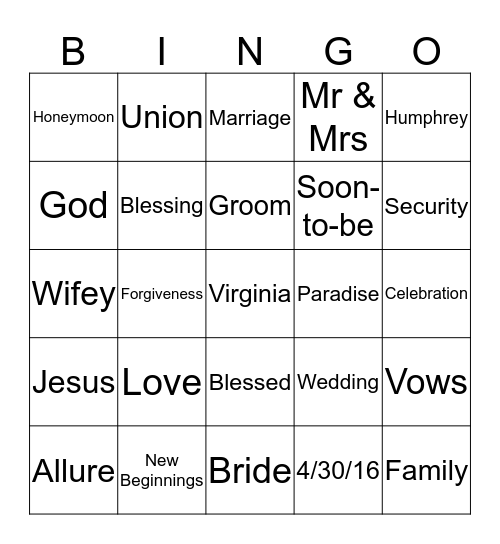 Virginia's Bridal Shower Bingo Card