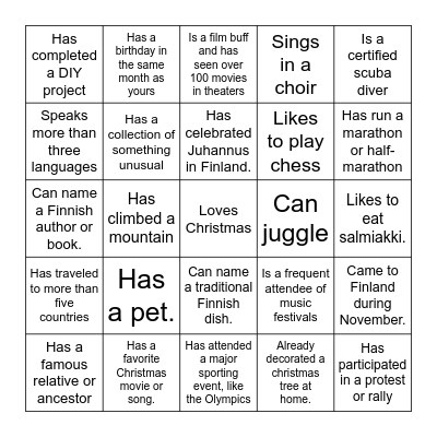 Pikkujoulu bingo Card