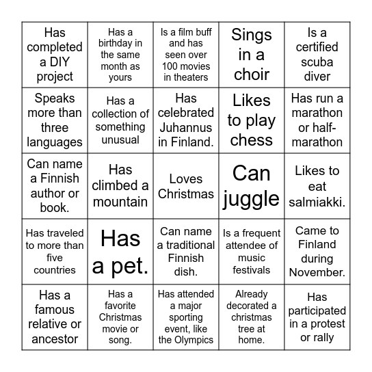 Pikkujoulu bingo Card