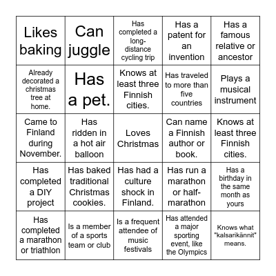 Pikkujoulu bingo Card