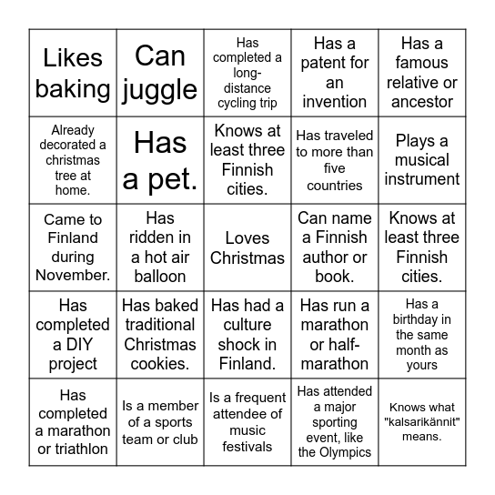 Pikkujoulu bingo Card