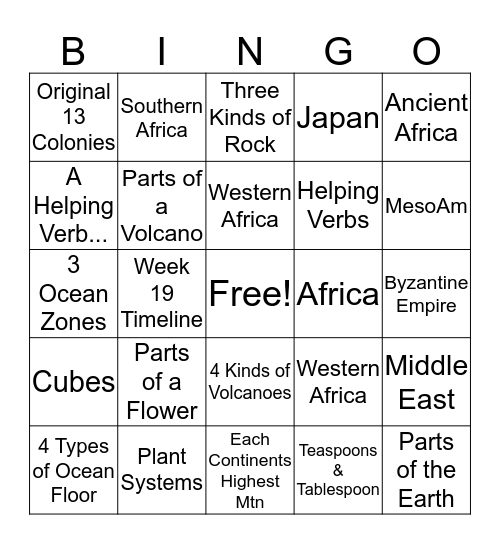 CC BINGO Science, Geography, & Grammar Bingo Card