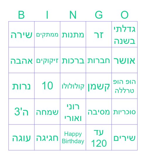 יום הולדת לשירה Bingo Card