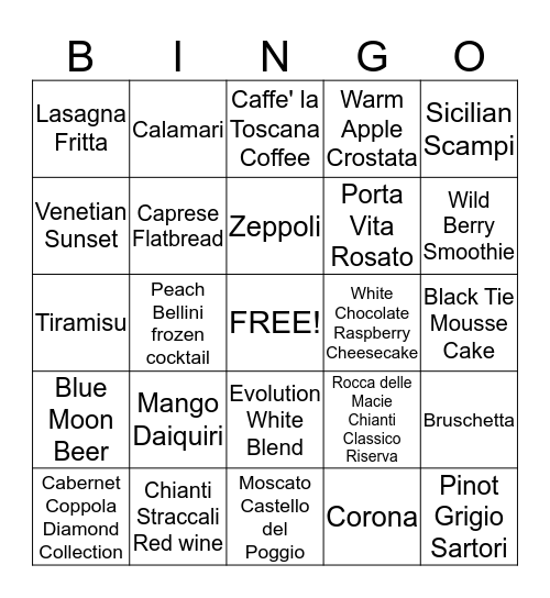 Olive Garden Bingo Card