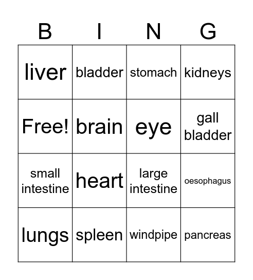 Organ BINGO Card