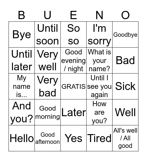 Exploratory Spanish Greetings & Goodbyes Bingo Card