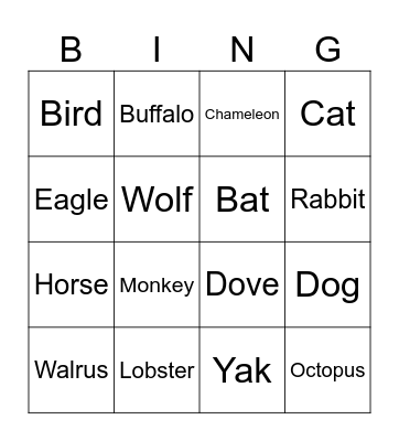 Animal Bingo Card