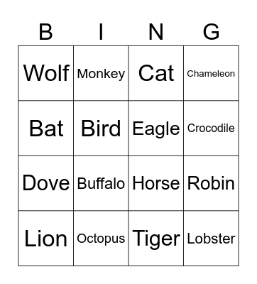Animal Bingo Card
