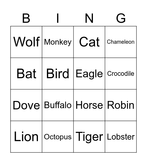 Animal Bingo Card