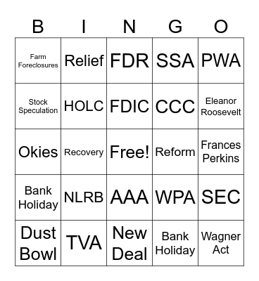 FDR's New Deal Bingo Card