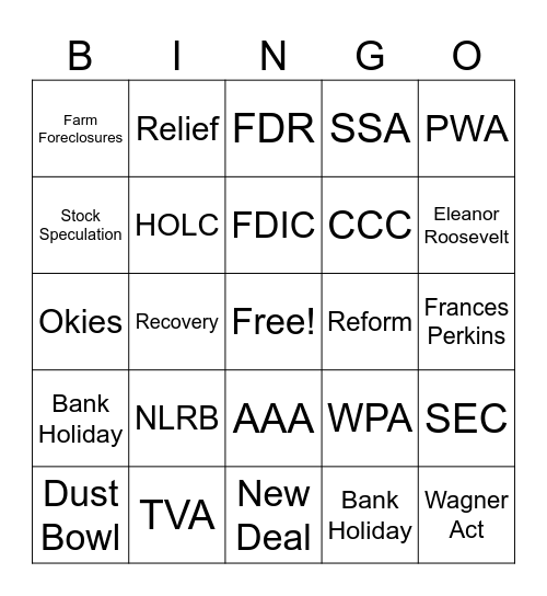 FDR's New Deal Bingo Card