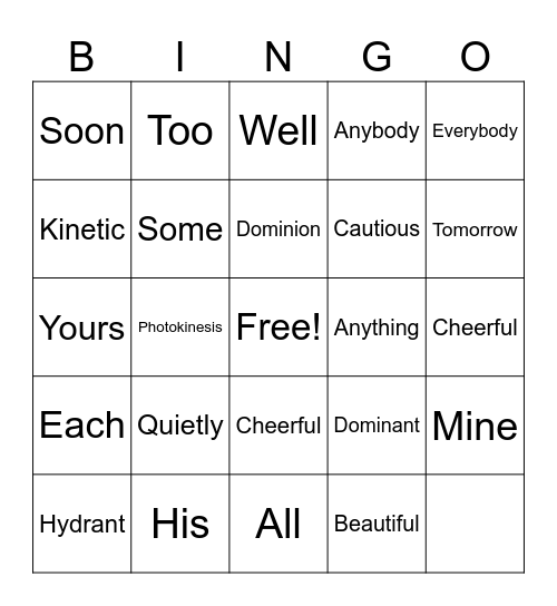 Grammar/Trivia Bingo Card