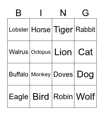 Animals Bingo Card