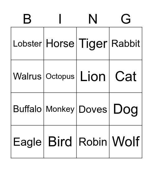 Animals Bingo Card