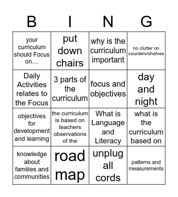 Daily Activity and Curriculum Bingo Card