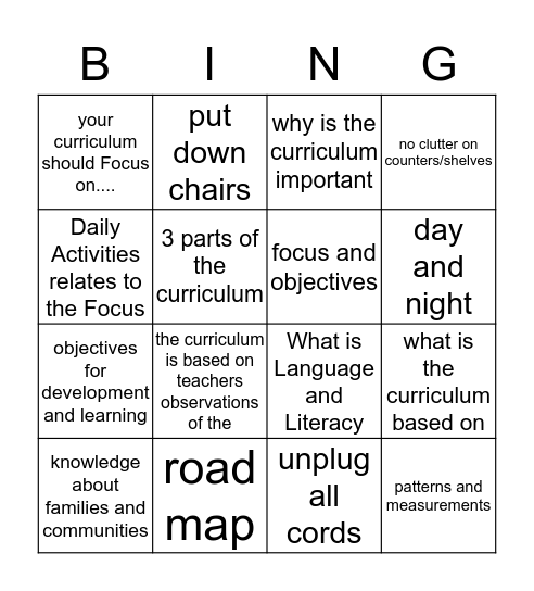 Daily Activity and Curriculum Bingo Card