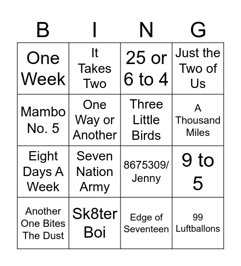 Numbers Bingo Card