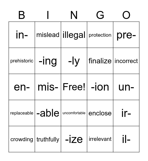 Prefix, Suffix, Root Word Bingo Card