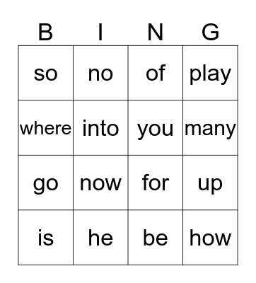 Kindergarten Sight Words Bingo Card