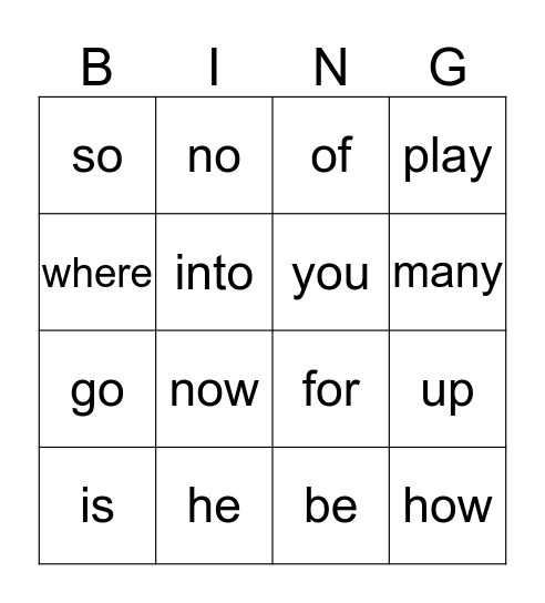Kindergarten Sight Words Bingo Card
