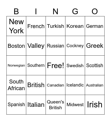 Accent Bingo Card