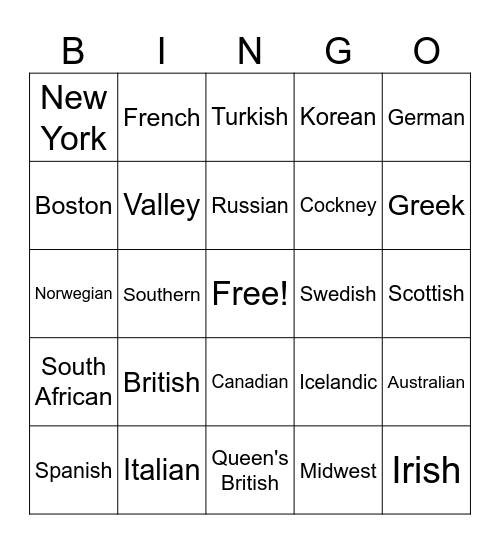 Accent Bingo Card