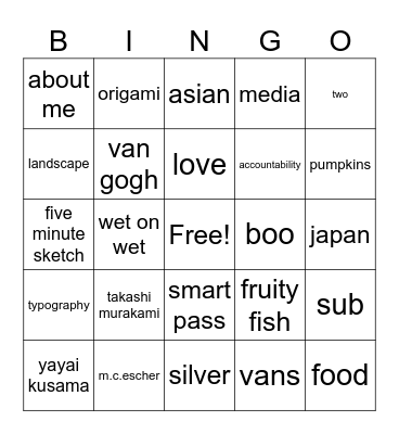 Capitol Hill MS Art Bingo Card