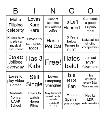 Ultimate Filipino Human Bingo Card