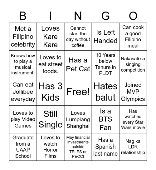 Ultimate Filipino Human Bingo Card