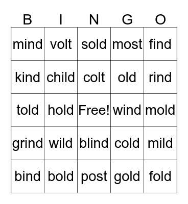 ind, old, ild. ost Bingo Card