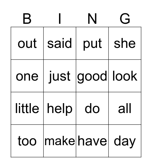 Kindergarten Sight Words Bingo Card